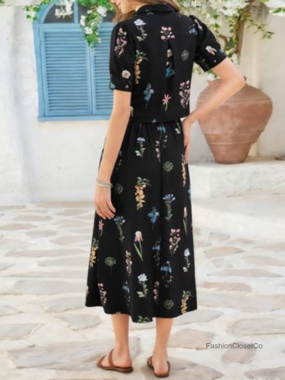 Womens 2 Piece Floral Skirt Set Puff Sleeve Blouse Elastic Waist Matching - Picture 2 of 6